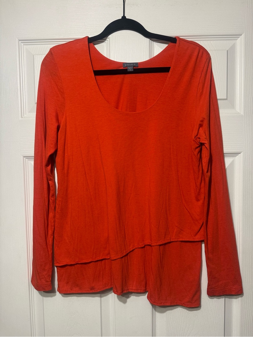 Lilla P Sz Large Burnt Orange Pima Cotton Scoop-Neck Layered Long-Sleeve Tee